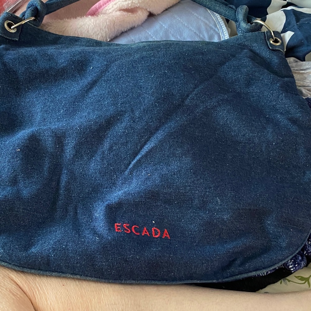 Escada Navy Shoulder Bag with Red Logo Embroidery